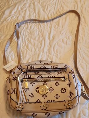 Oh Beige Crossbody Bag with Floral Motif and Gold Hardware